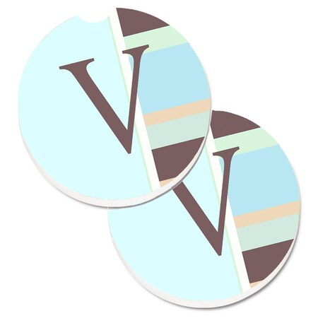 Carolines Treasures Letter V Initial Monogram Blue Stripes Cup Holder Car Coaster, 2PK CJ1003-VCARC